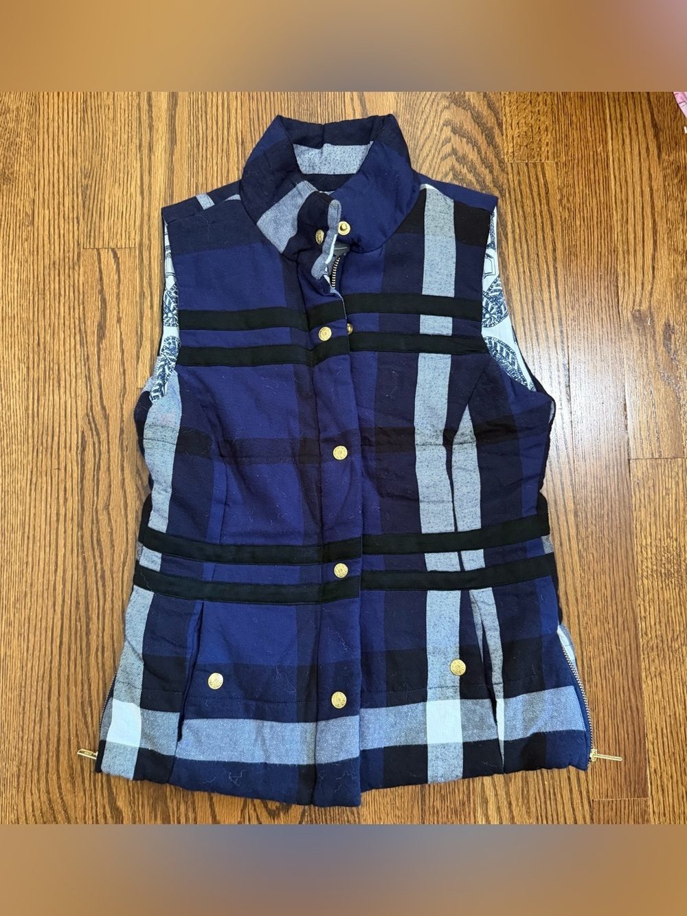 Dizzy Lizzie Flannel Lined Blue Black Plaid Zipper Snap Vest Size Small